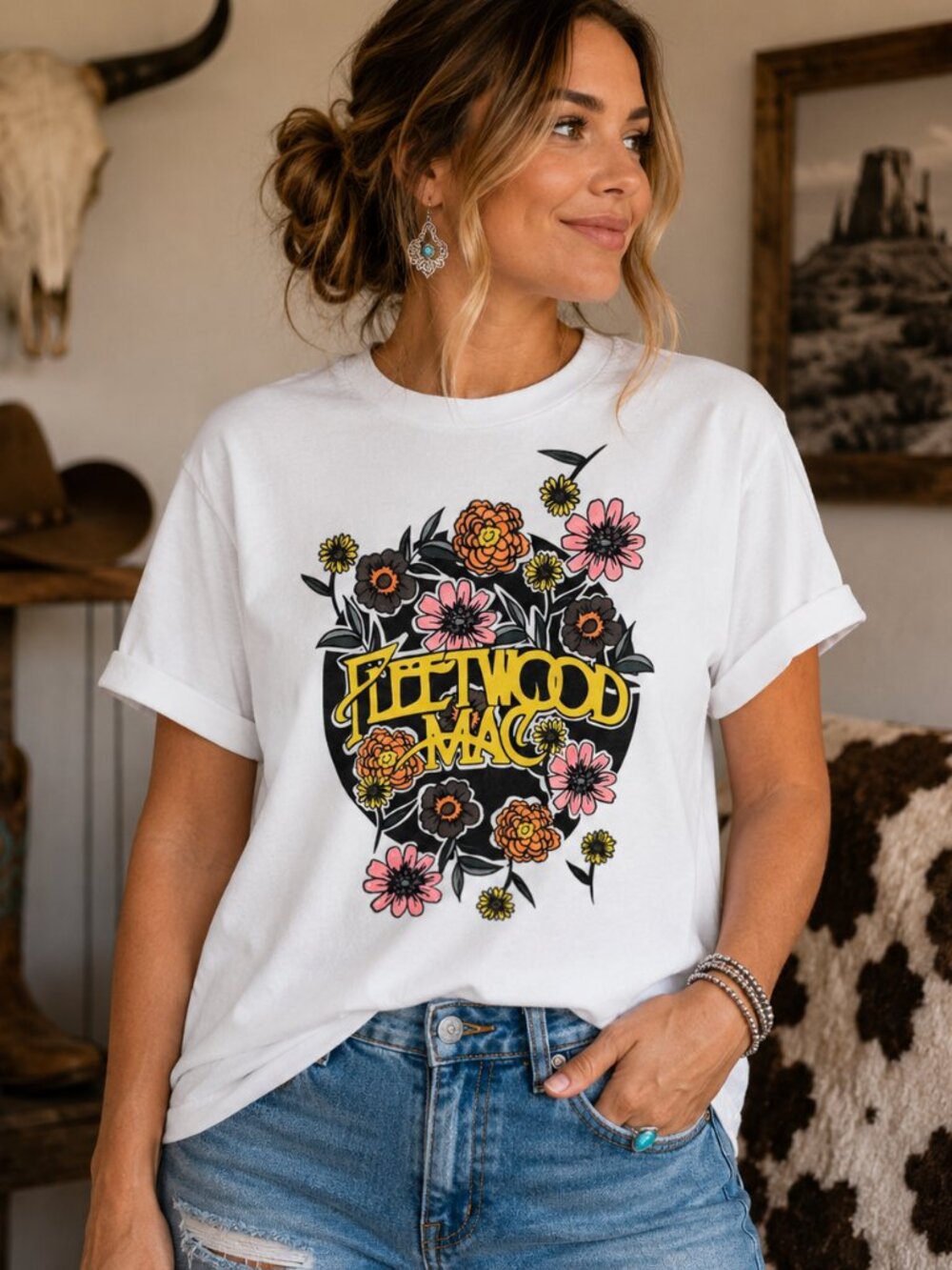 Fleetwood Mac Floral Graphic T Shirt Trendy Boutique Style Tee Womens Tops White